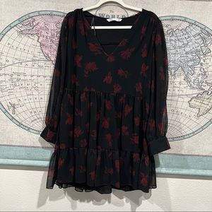 Black with Red Roses Long Sleeve Chiffon Zara Mini Dress
